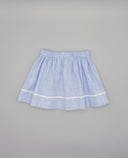Falda niña azul celeste lino cintura elástica fruncida detalle ondulina blanca corta verano