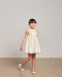 Embroidered tulle dress with leaf motif and cape sleeves
