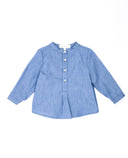 Camisa bebé niño denim azul cuello mao manga larga con botones centrales y vuelo en la parte inferior